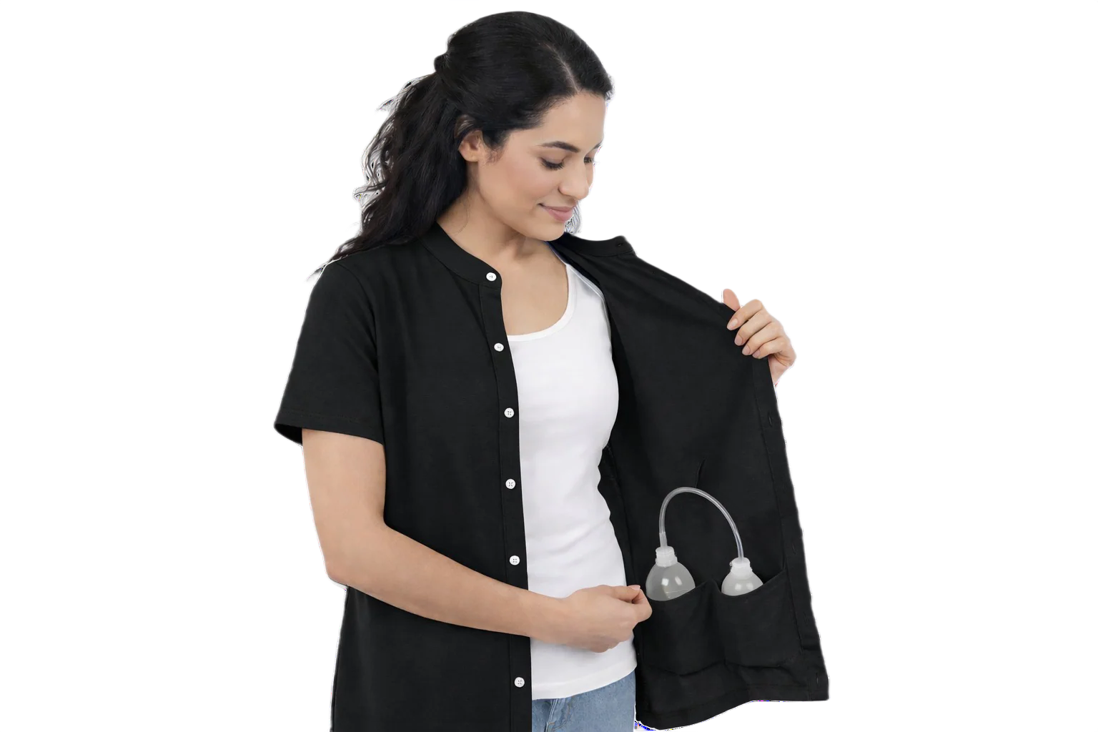 Women's post mastectomy recovery shirt with drain pockets and button-up front