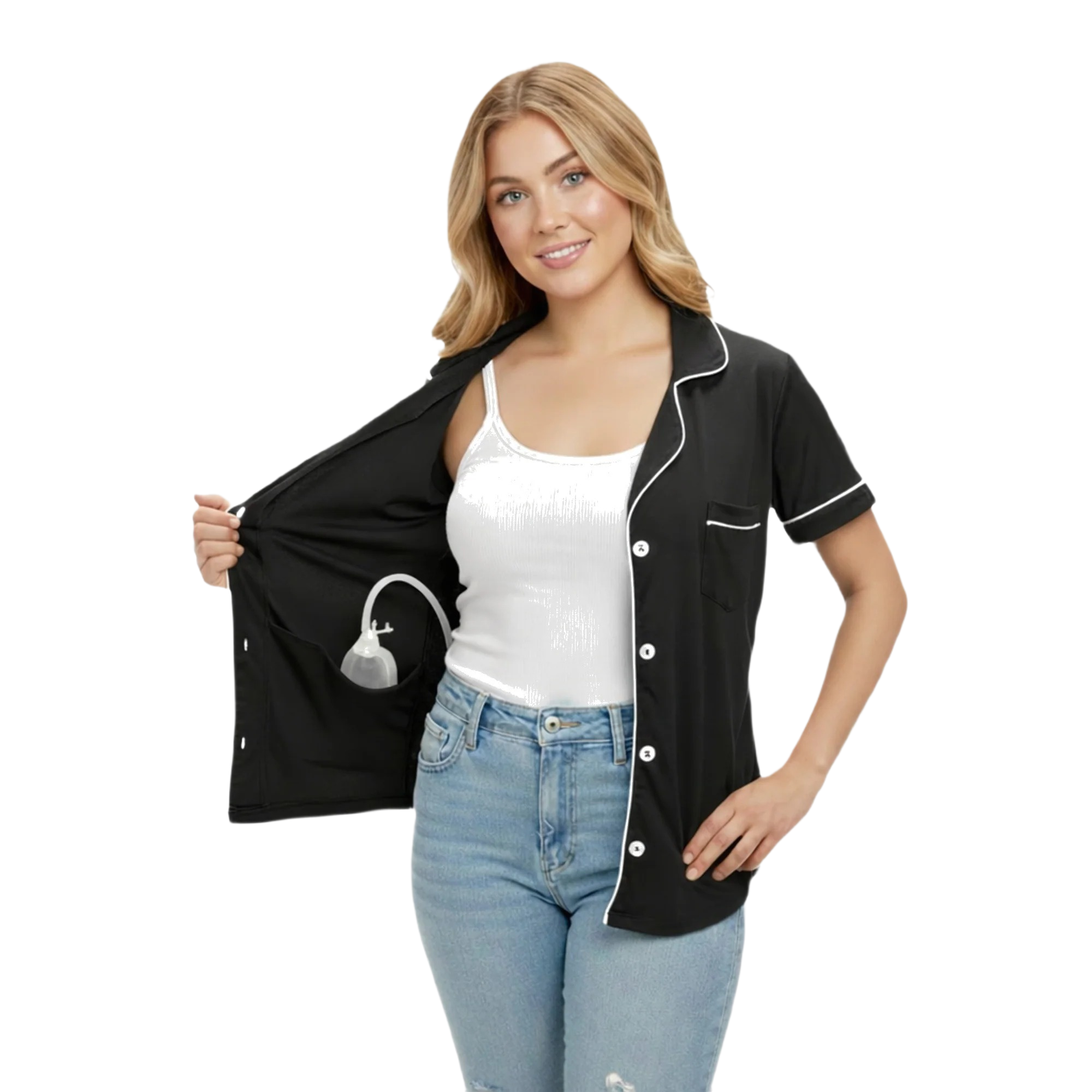 Woman wearing a post mastectomy recovery shirt with hidden drain pockets, lapel collar, and button-down front designed for post-surgery comfort and drain management.