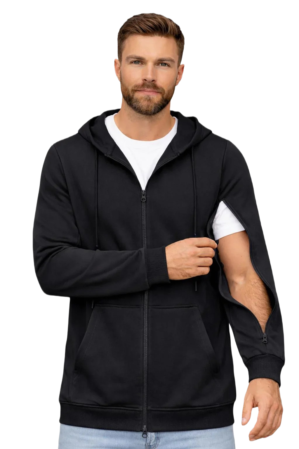 Person wearing a dialysis hoodie with arm zipper access ports for hemodialysis treatment, IV therapy, infusion care, and all-day comfort.