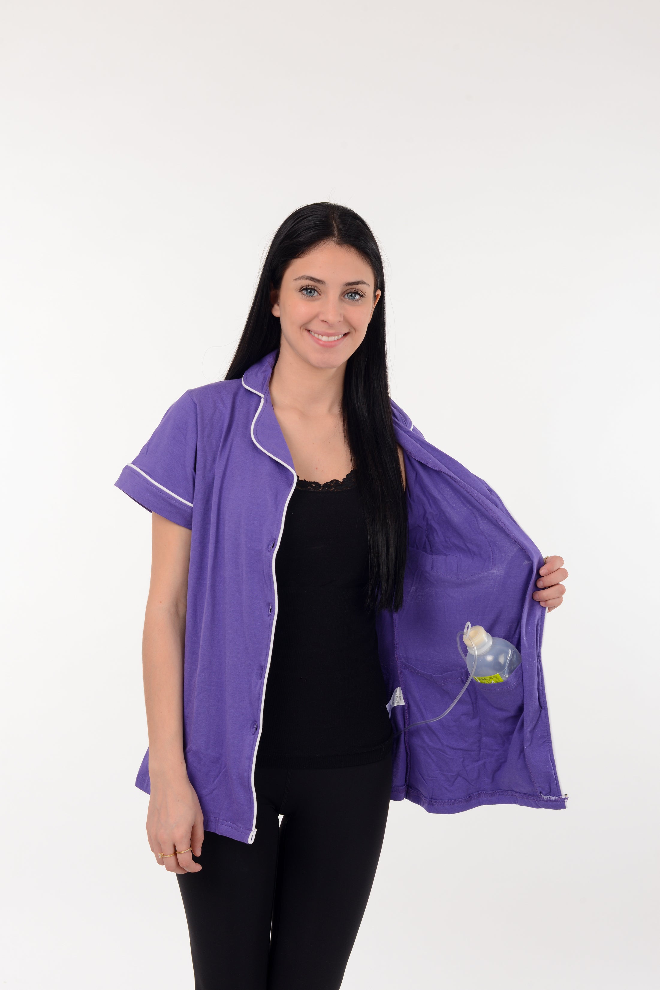 USBD Post Mastectomy Surgery Recovery Lapel Collar Button Down Shirt With Drain Pockets Post Op Blouse