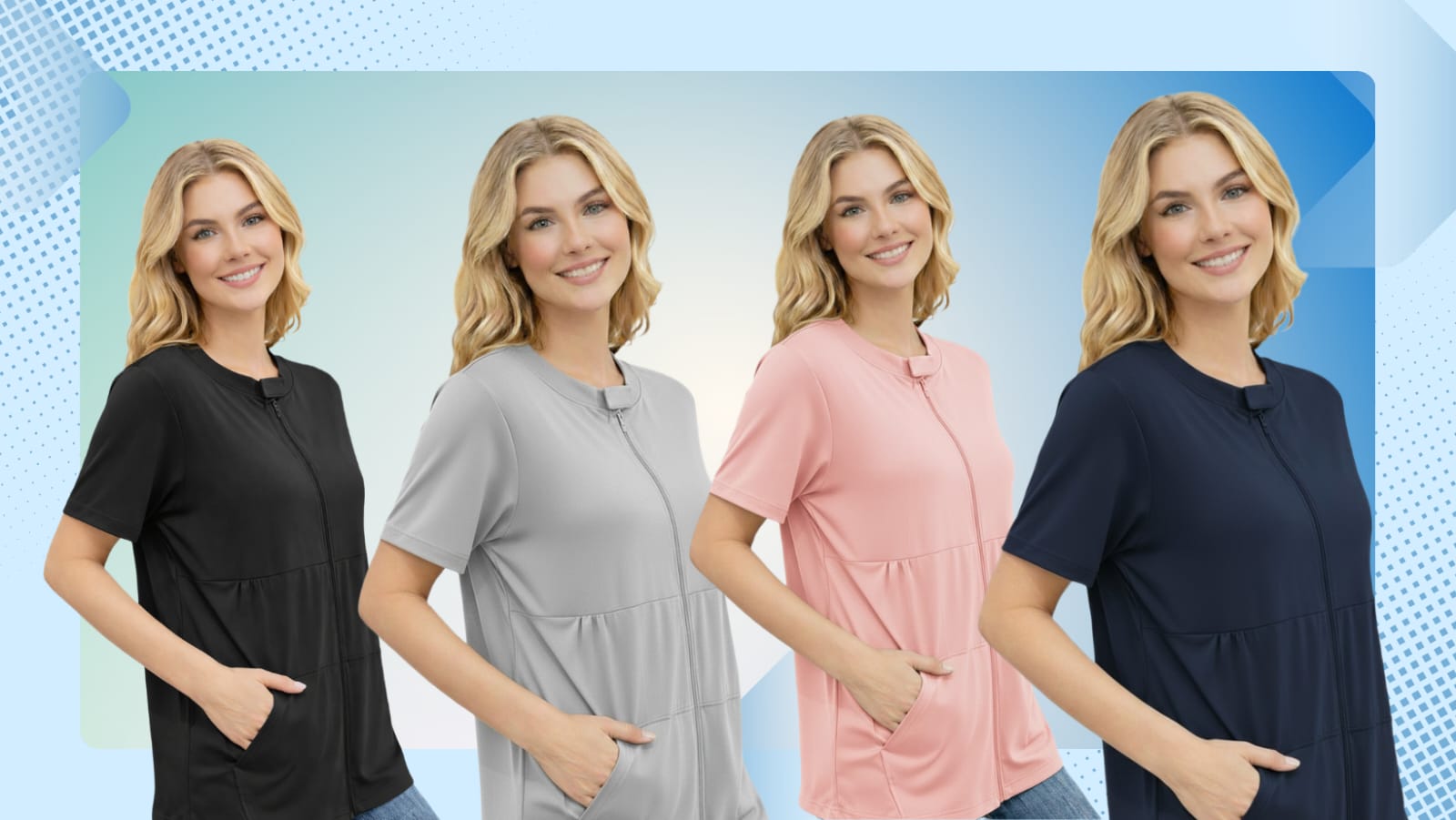 USBD Mock Neck Post Mastectomy Zipper Front Shirt with Inside Drain Pockets - Comfortable Mastectomy Recovery Wear, Women's Post-Op Support