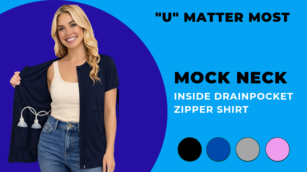 USBD Mock Neck Post Mastectomy Zipper Front Shirt with Inside Drain Pockets - Comfortable Mastectomy Recovery Wear, Women's Post-Op Support