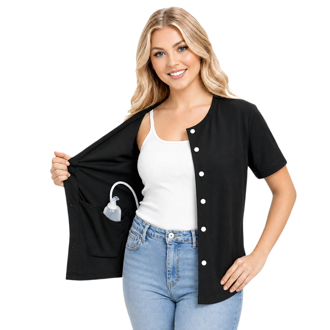 Woman wearing a crew neck post mastectomy recovery shirt with hidden drain pockets and button-down front designed for post-surgery comfort and drain management.
