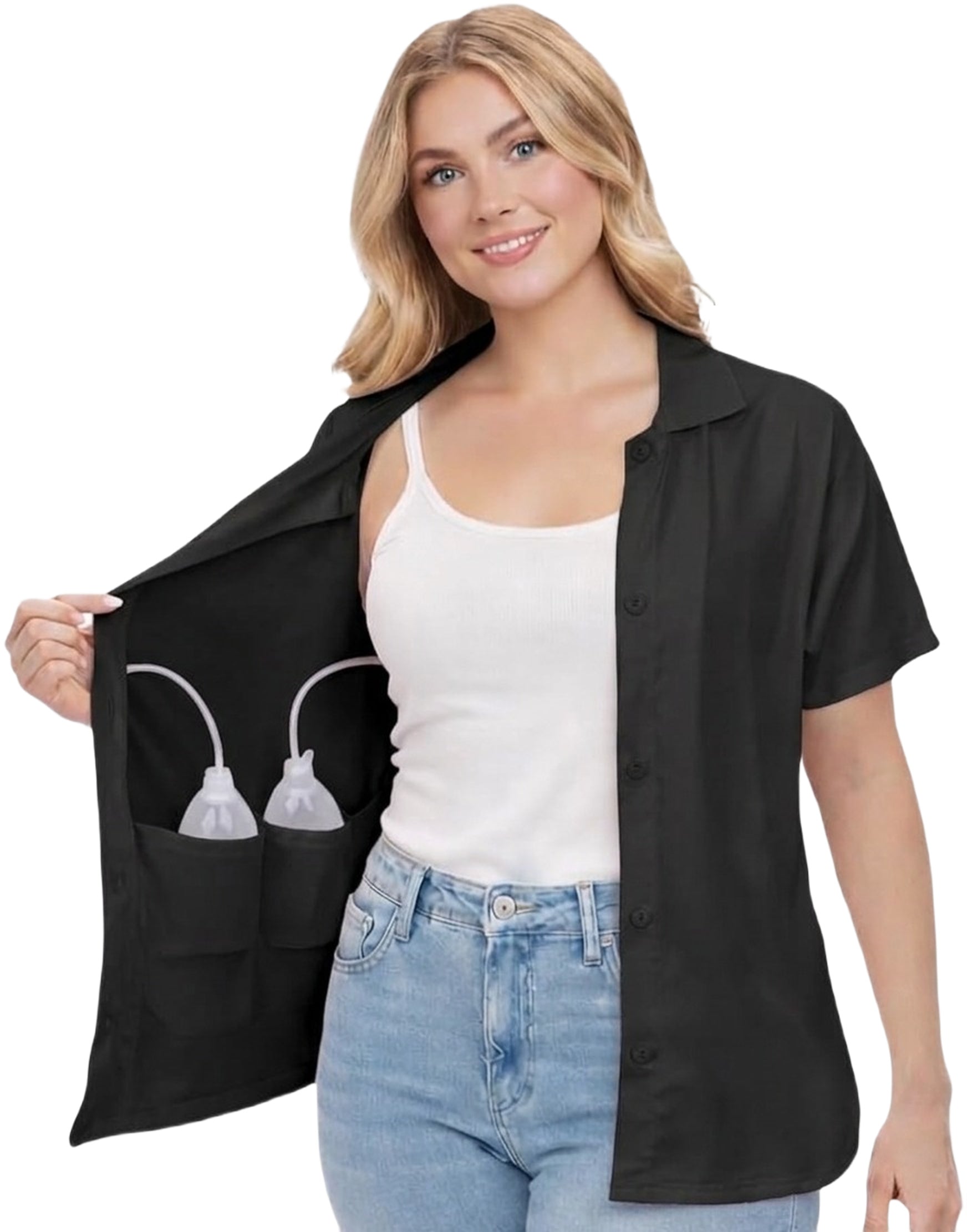 Post mastectomy shirt with drain pockets in black, opened to show the drain pockets