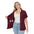 Post mastectomy shirt with drain pockets in maroon, opened to show the drain pockets