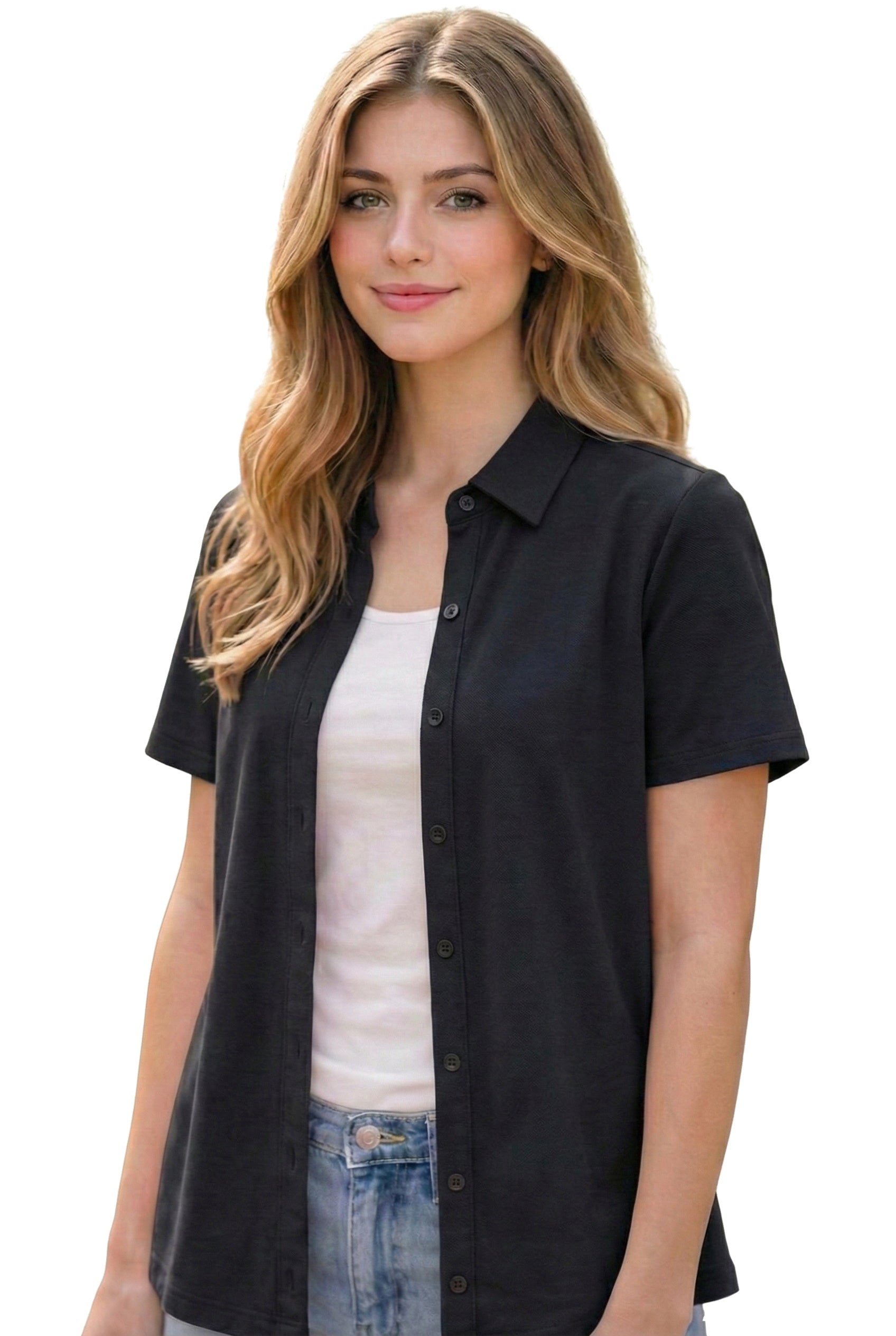 Black post mastectomy button-down shirt with collar, front view