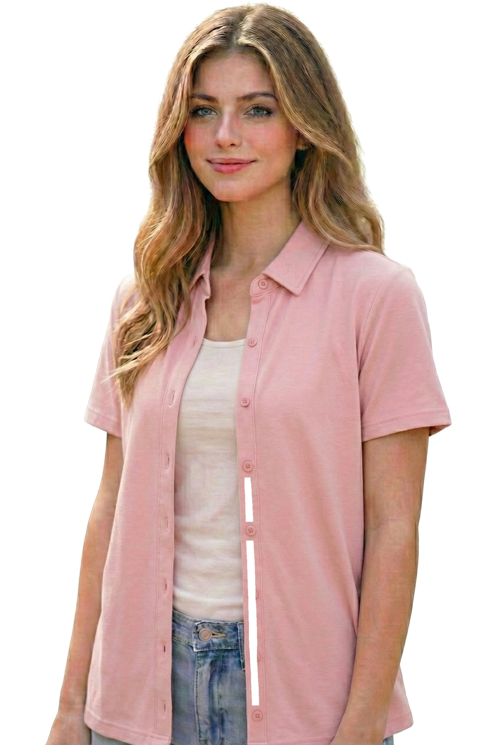 Pink post mastectomy button-down shirt with collar, front view