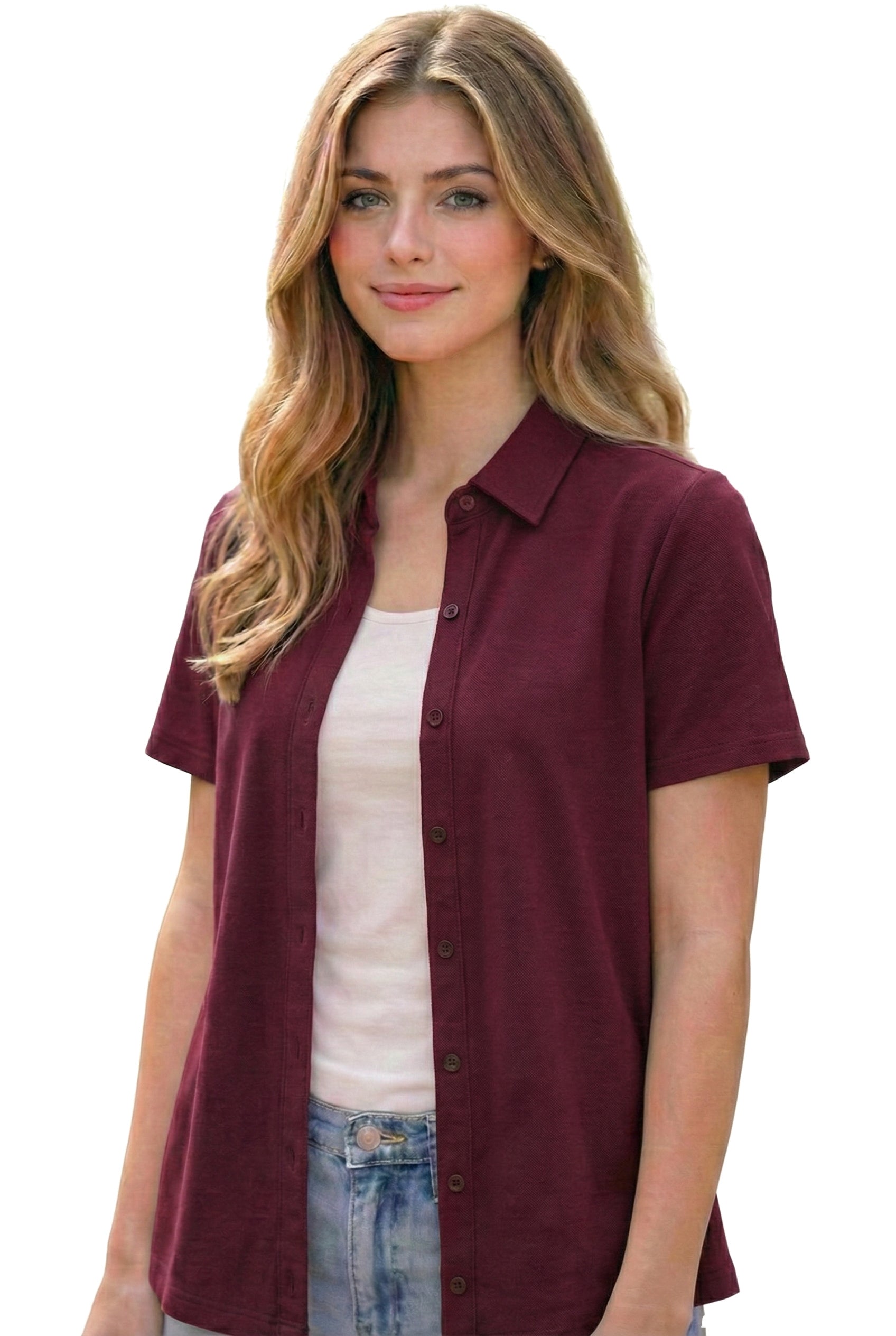 Maroon post mastectomy button-down shirt with collar, front view