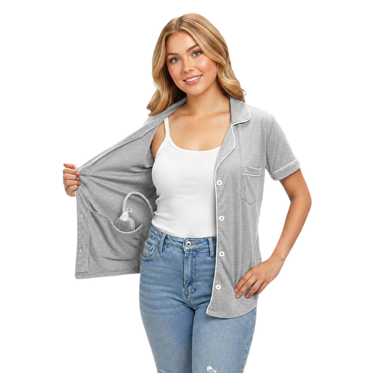 USBD Post Mastectomy Surgery Recovery Lapel Collar Button Down Shirt With Drain Pockets Post Op Blouse
