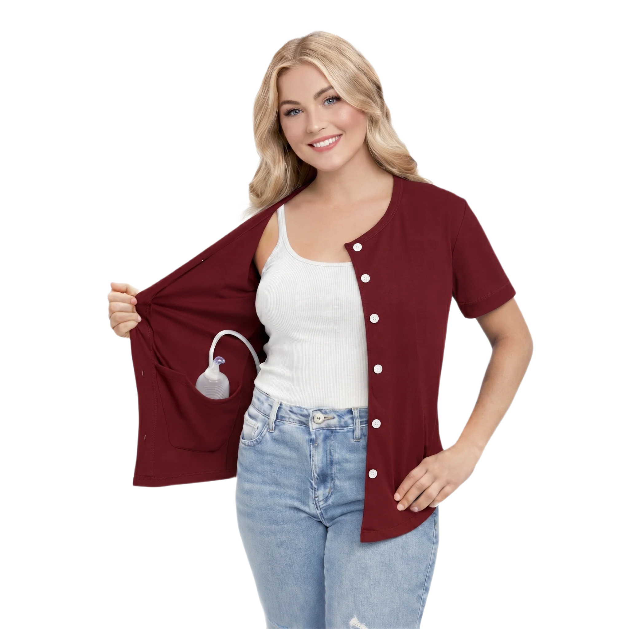USBD Crew Neck Post Mastectomy Shirt with Drain Pockets After Surgery Post Op Button Down Shirt