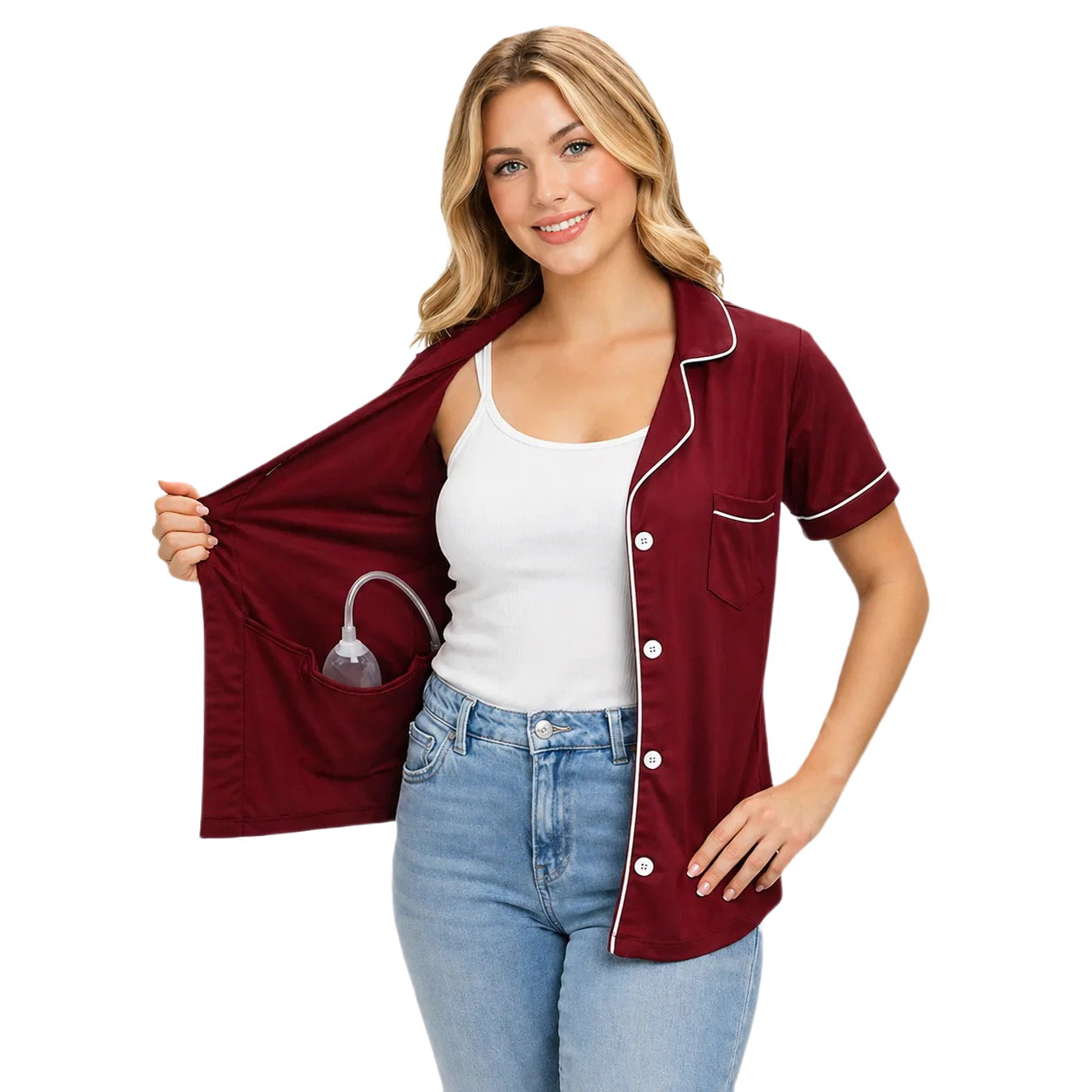 USBD Post Mastectomy Surgery Recovery Lapel Collar Button Down Shirt With Drain Pockets Post Op Blouse