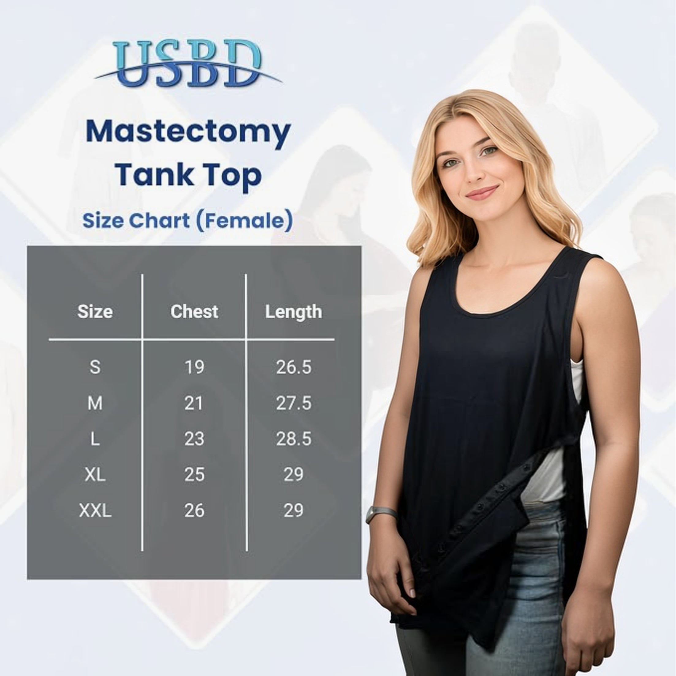 Mastectomy tank top size chart (female)