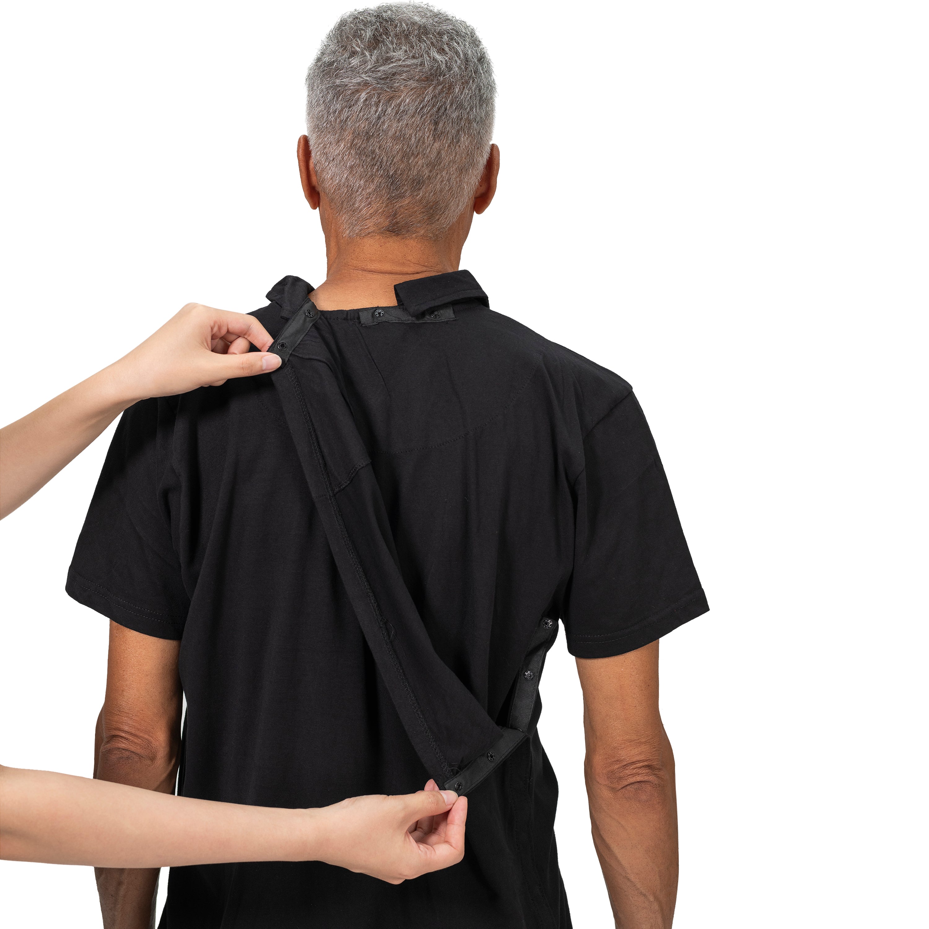 Men's adaptive open back polo - Black - back panel open (caregiver)