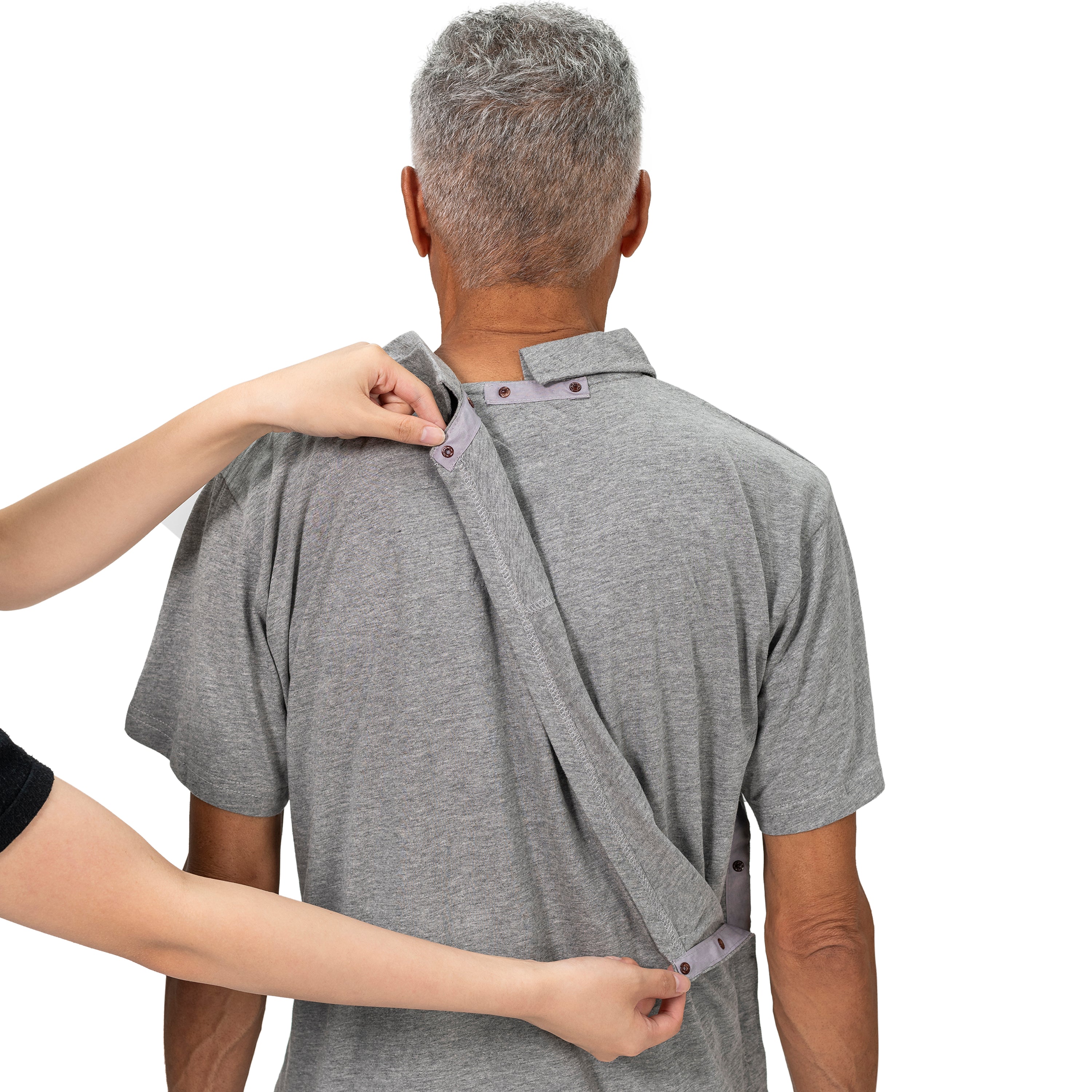 Men's adaptive open back polo - Gray - back panel open (caregiver)