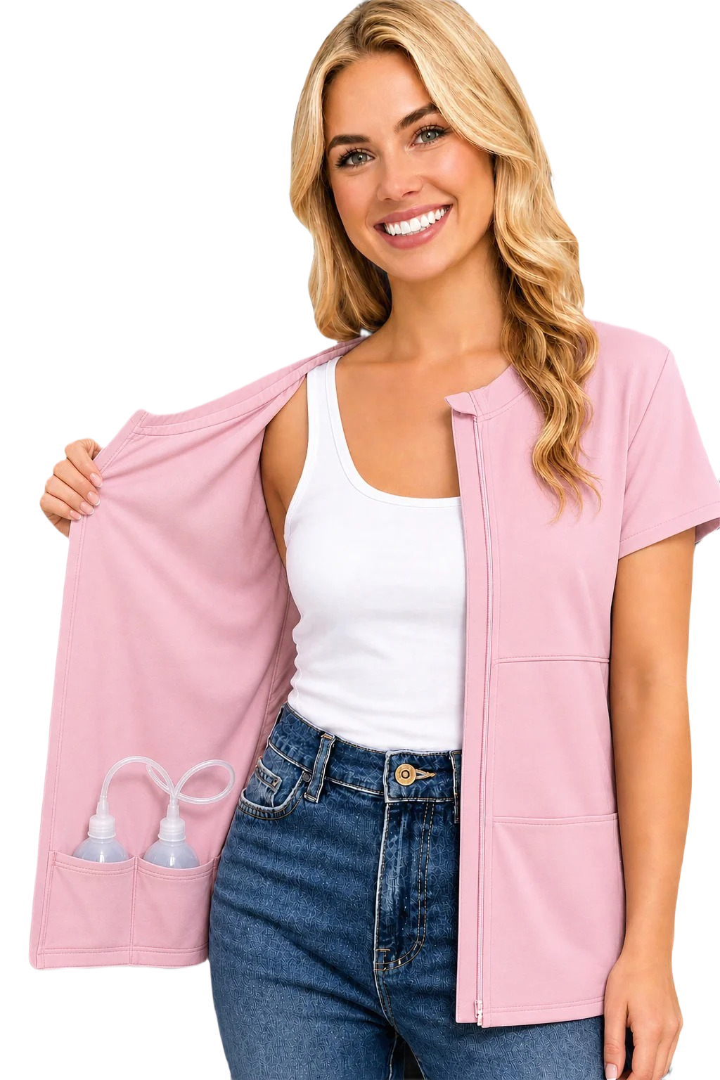 USBD Mock Neck Post Mastectomy Zipper Front Shirt with Inside Drain Pockets - Comfortable Mastectomy Recovery Wear, Women's Post-Op Support