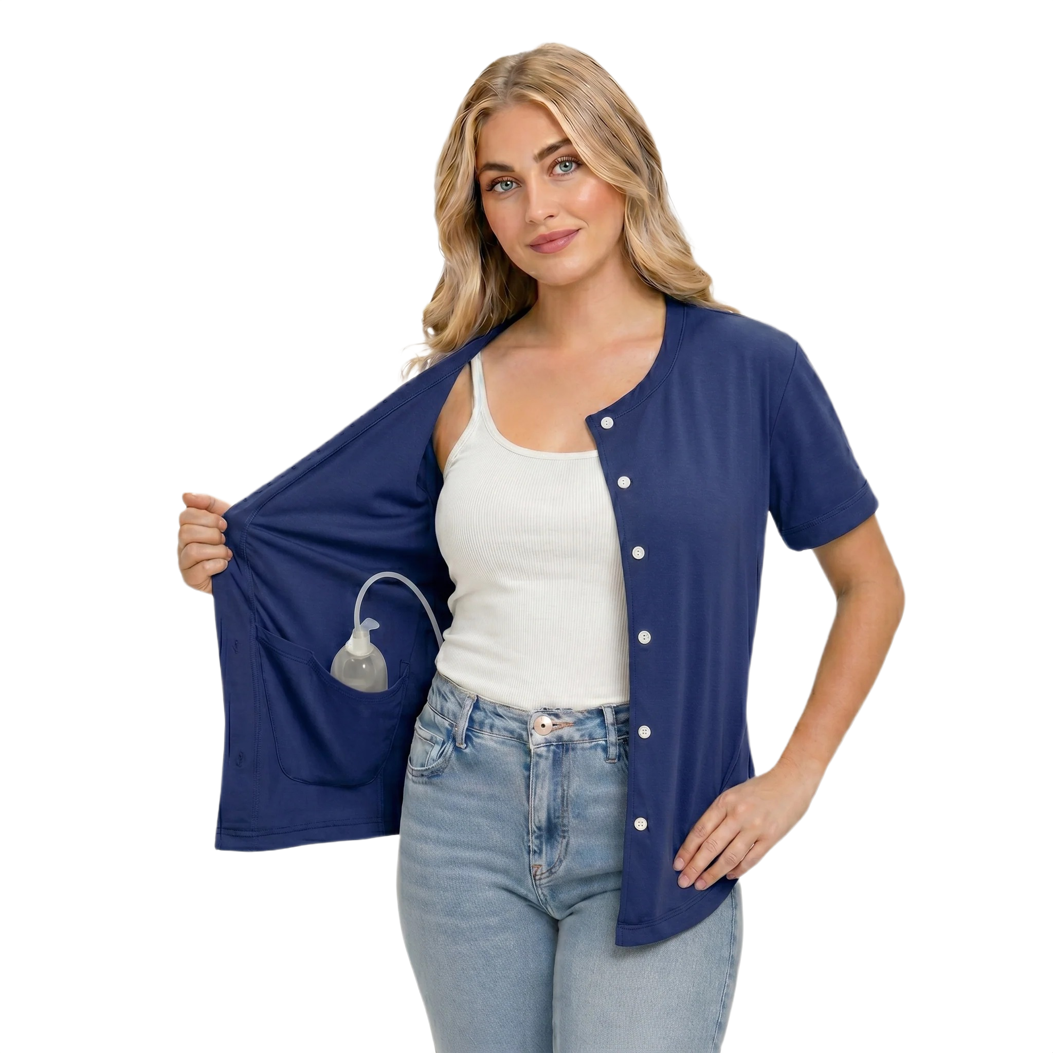 USBD Crew Neck Post Mastectomy Shirt with Drain Pockets After Surgery Post Op Button Down Shirt