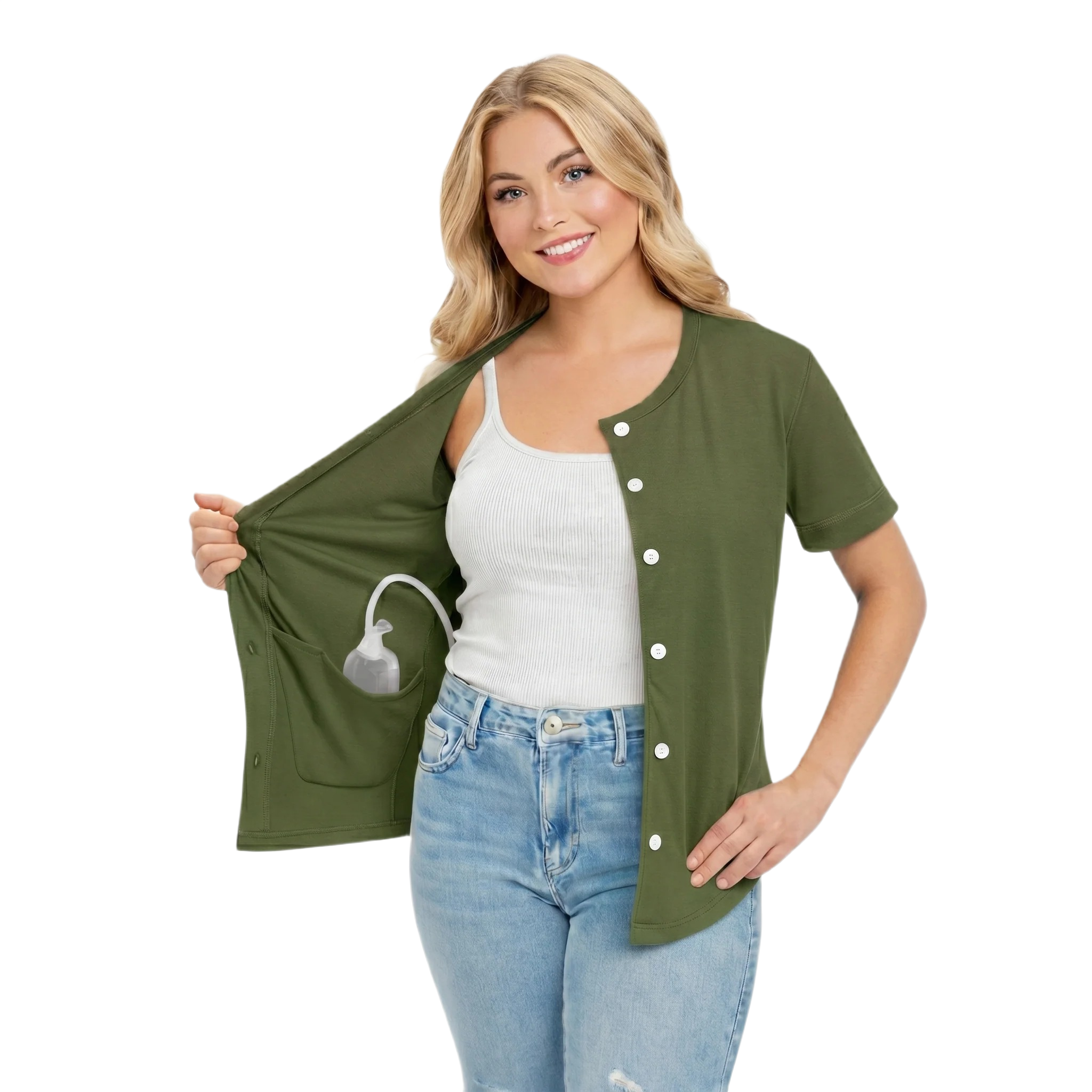 USBD Crew Neck Post Mastectomy Shirt with Drain Pockets After Surgery Post Op Button Down Shirt
