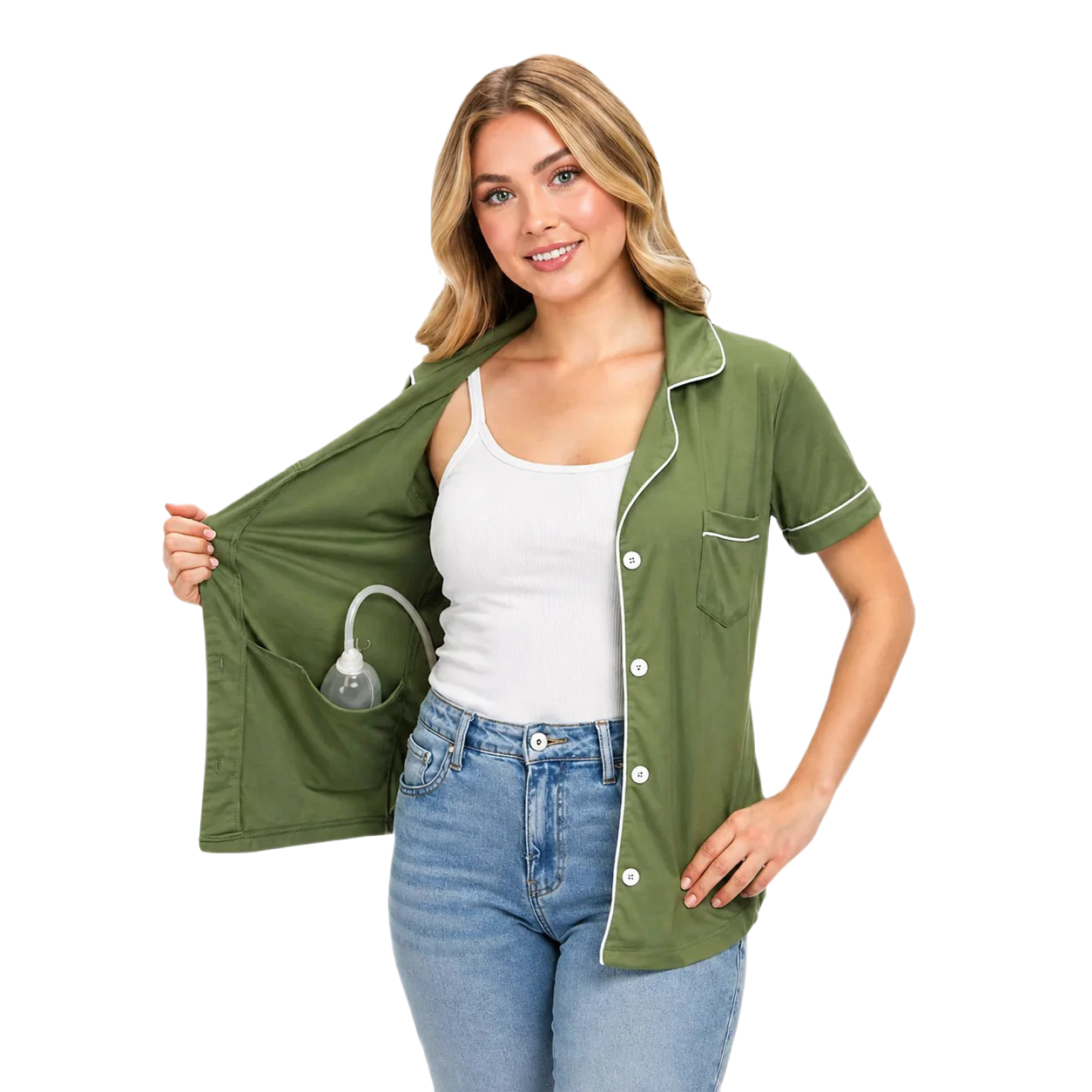 USBD Post Mastectomy Surgery Recovery Lapel Collar Button Down Shirt With Drain Pockets Post Op Blouse