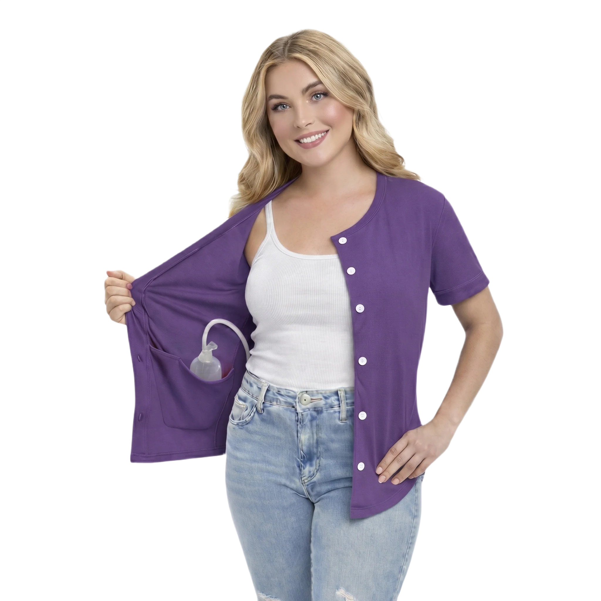 USBD Crew Neck Post Mastectomy Shirt with Drain Pockets After Surgery Post Op Button Down Shirt