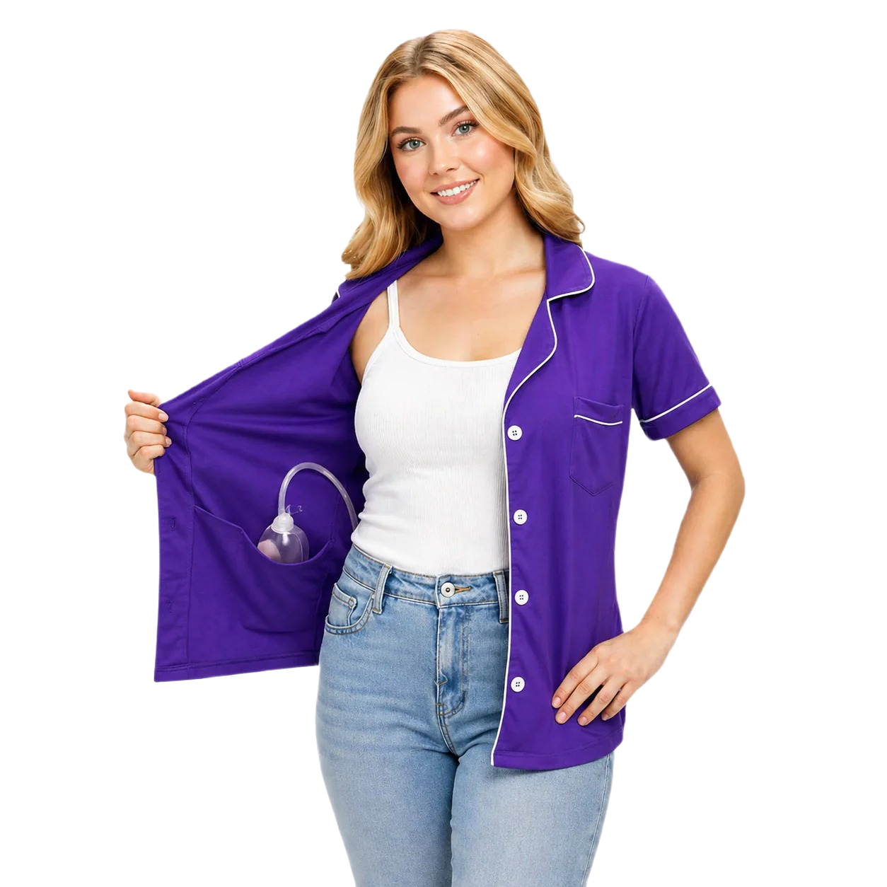 USBD Post Mastectomy Surgery Recovery Lapel Collar Button Down Shirt With Drain Pockets Post Op Blouse