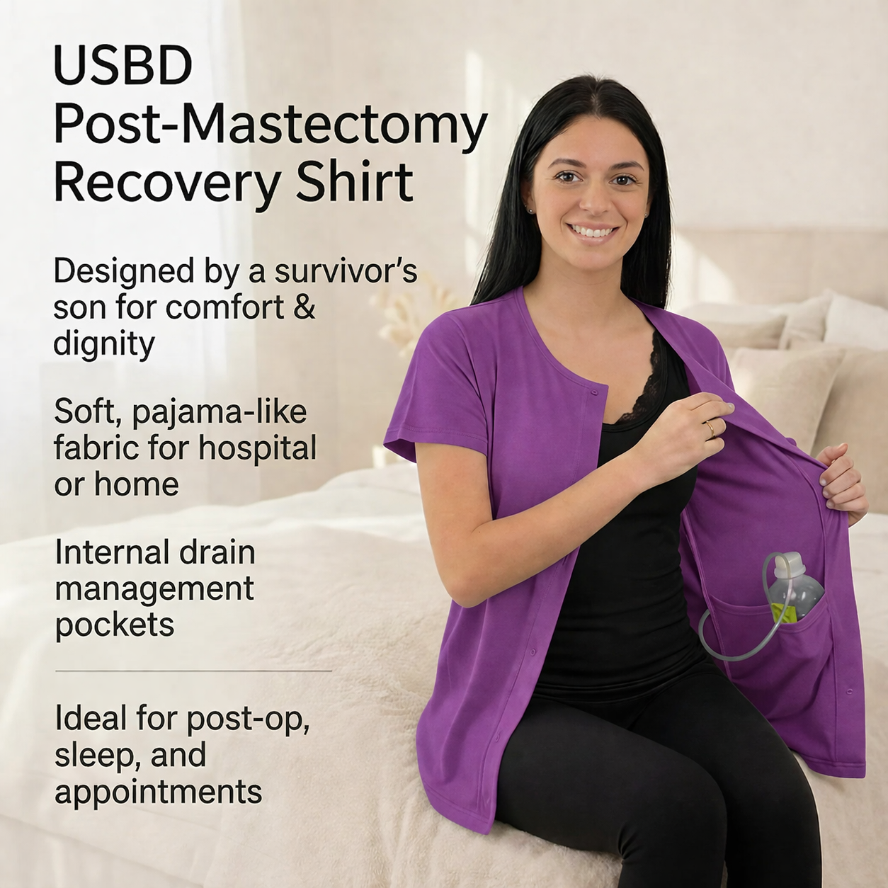 USBD Crew Neck Post Mastectomy Shirt with Drain Pockets After Surgery Post Op Button Down Shirt