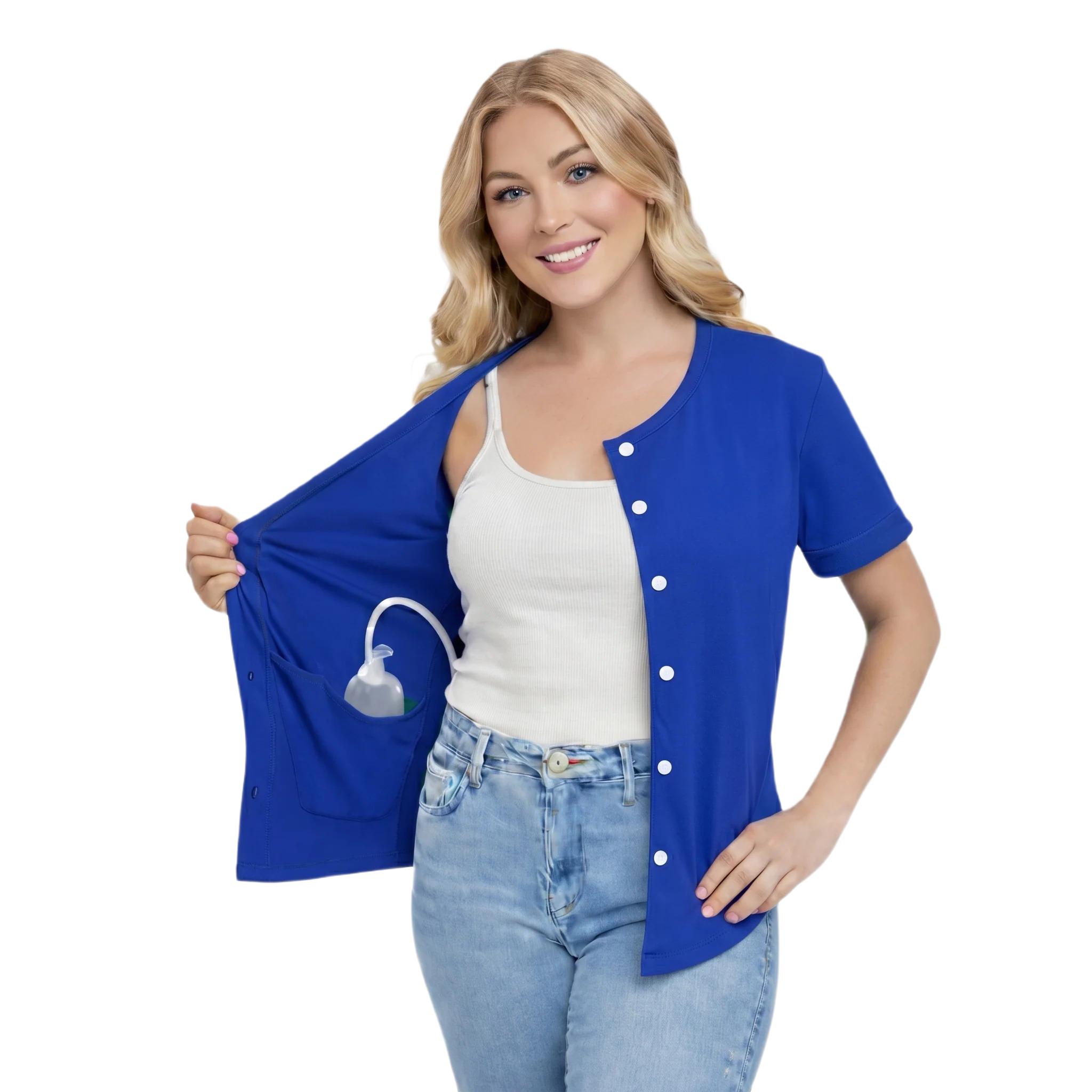 USBD Crew Neck Post Mastectomy Shirt with Drain Pockets After Surgery Post Op Button Down Shirt