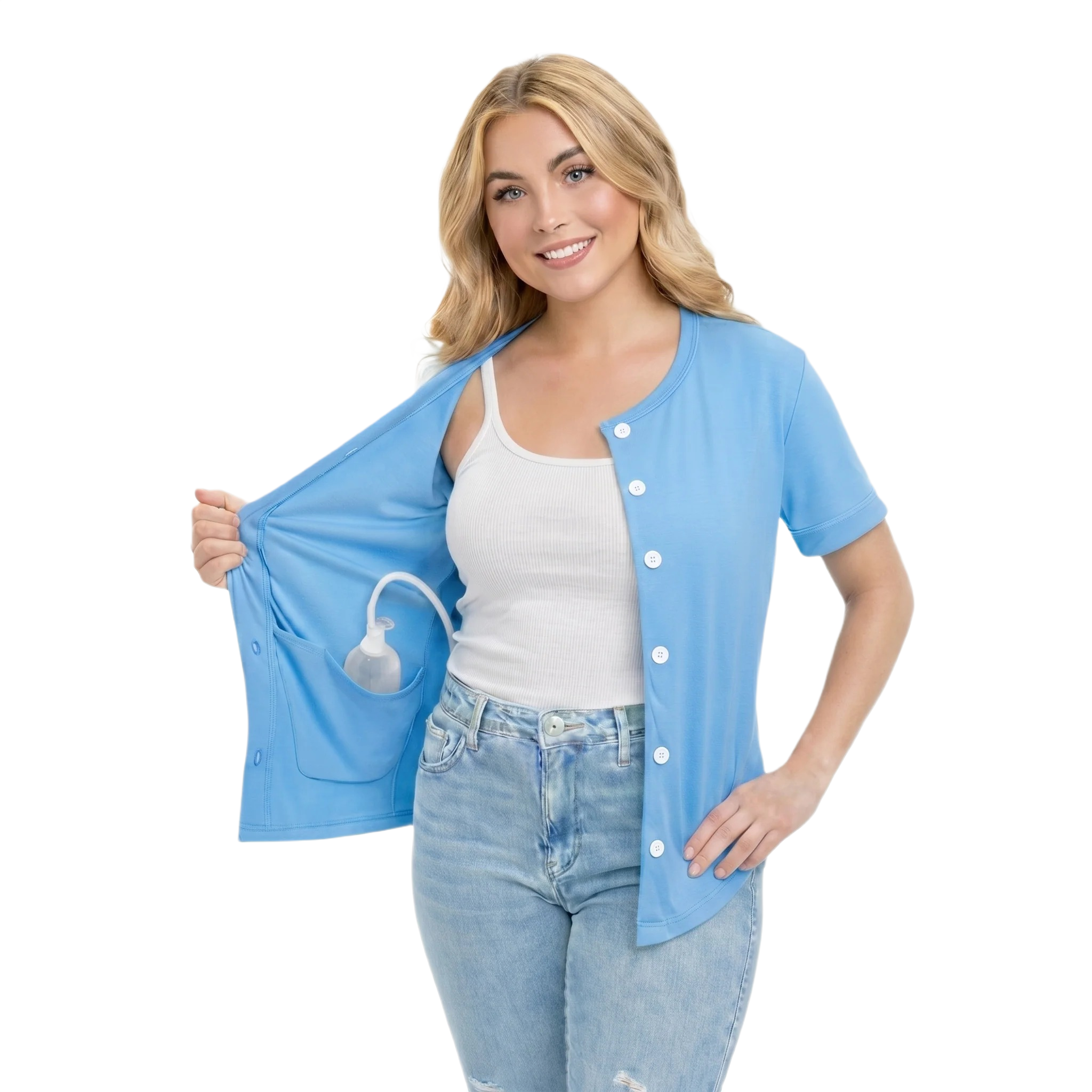 USBD Crew Neck Post Mastectomy Shirt with Drain Pockets After Surgery Post Op Button Down Shirt