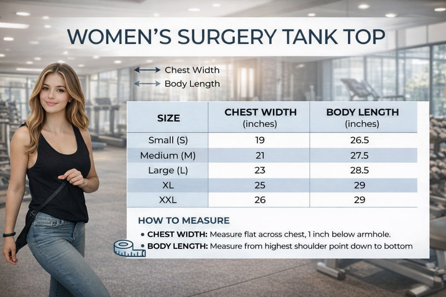 Surgery shoulder snap tank - Women's size chart