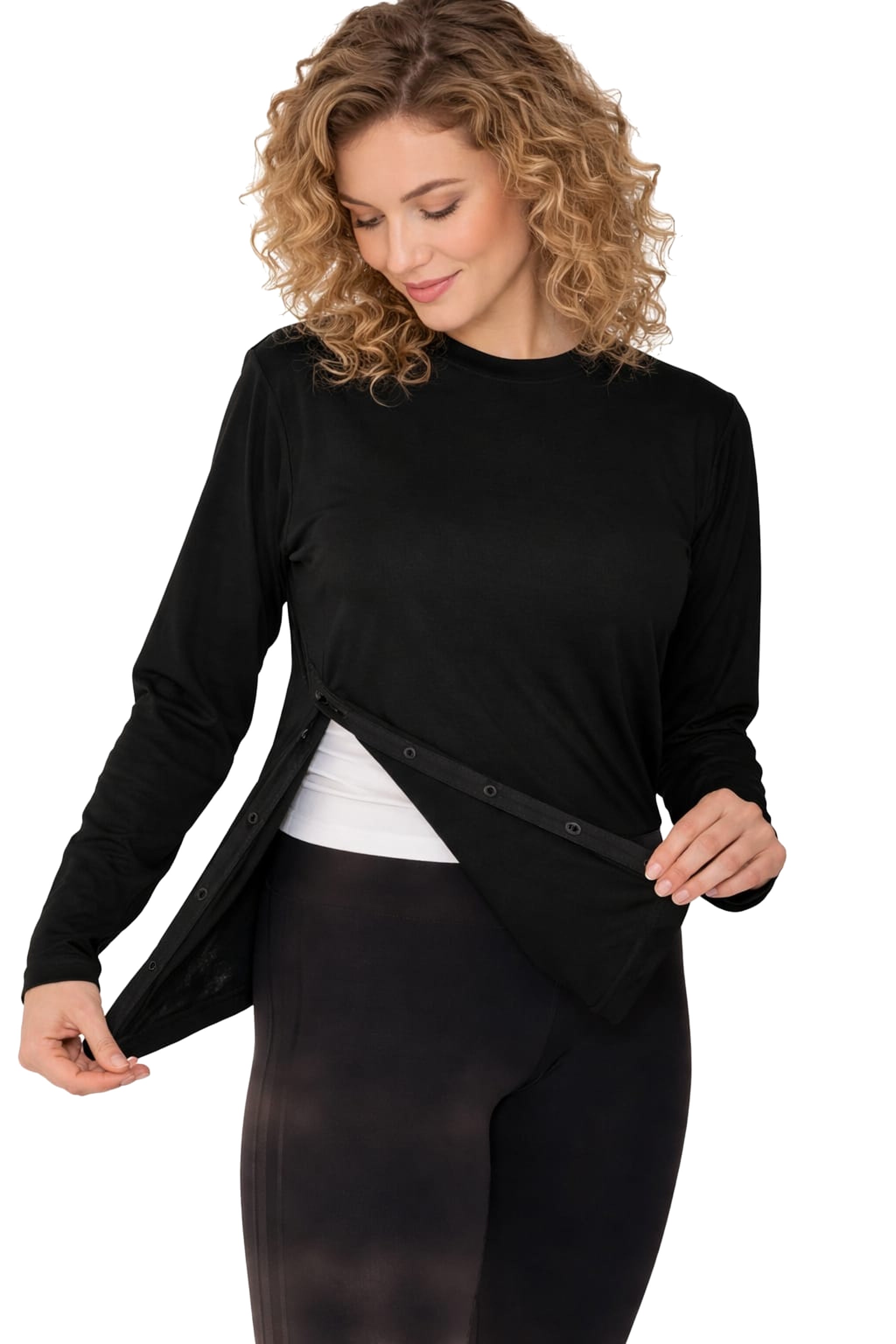 Post surgery snap open full-sleeve tee - Black (women's) - front