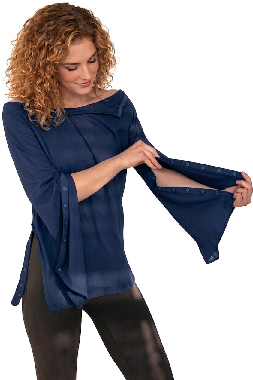 Post surgery snap open full-sleeve tee - Navy - sleeve snaps open