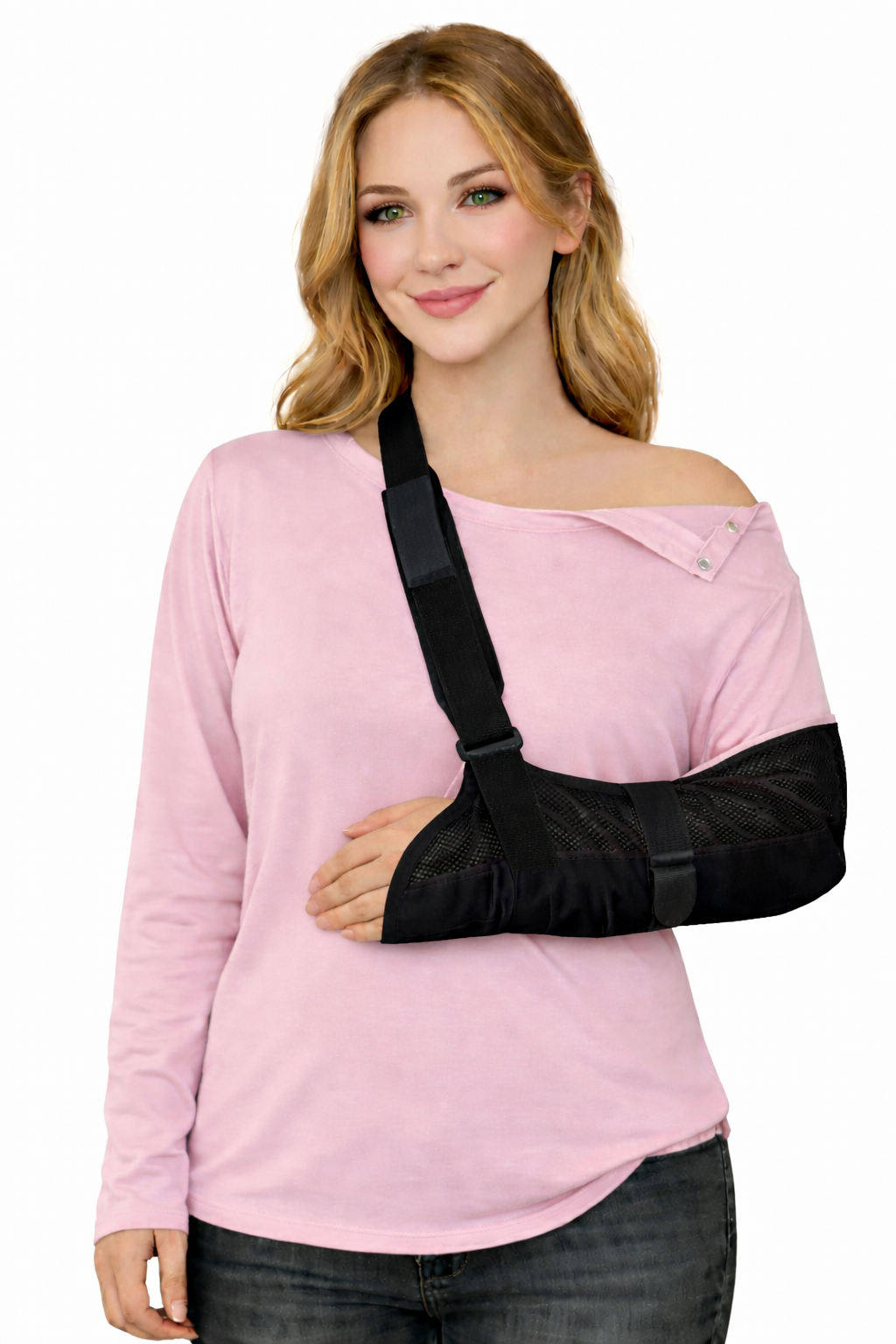 Post surgery snap open full-sleeve tee - Pink - worn with arm sling