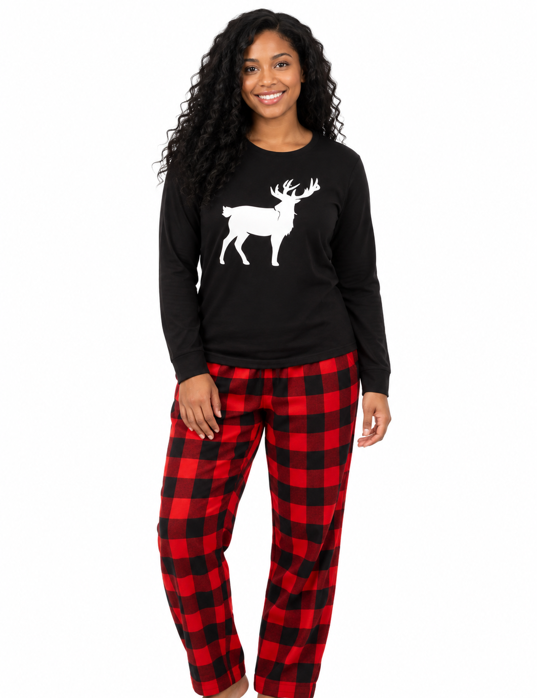 USBD Reindeer family matching Christmas pajama set, black reindeer top with red buffalo plaid pants