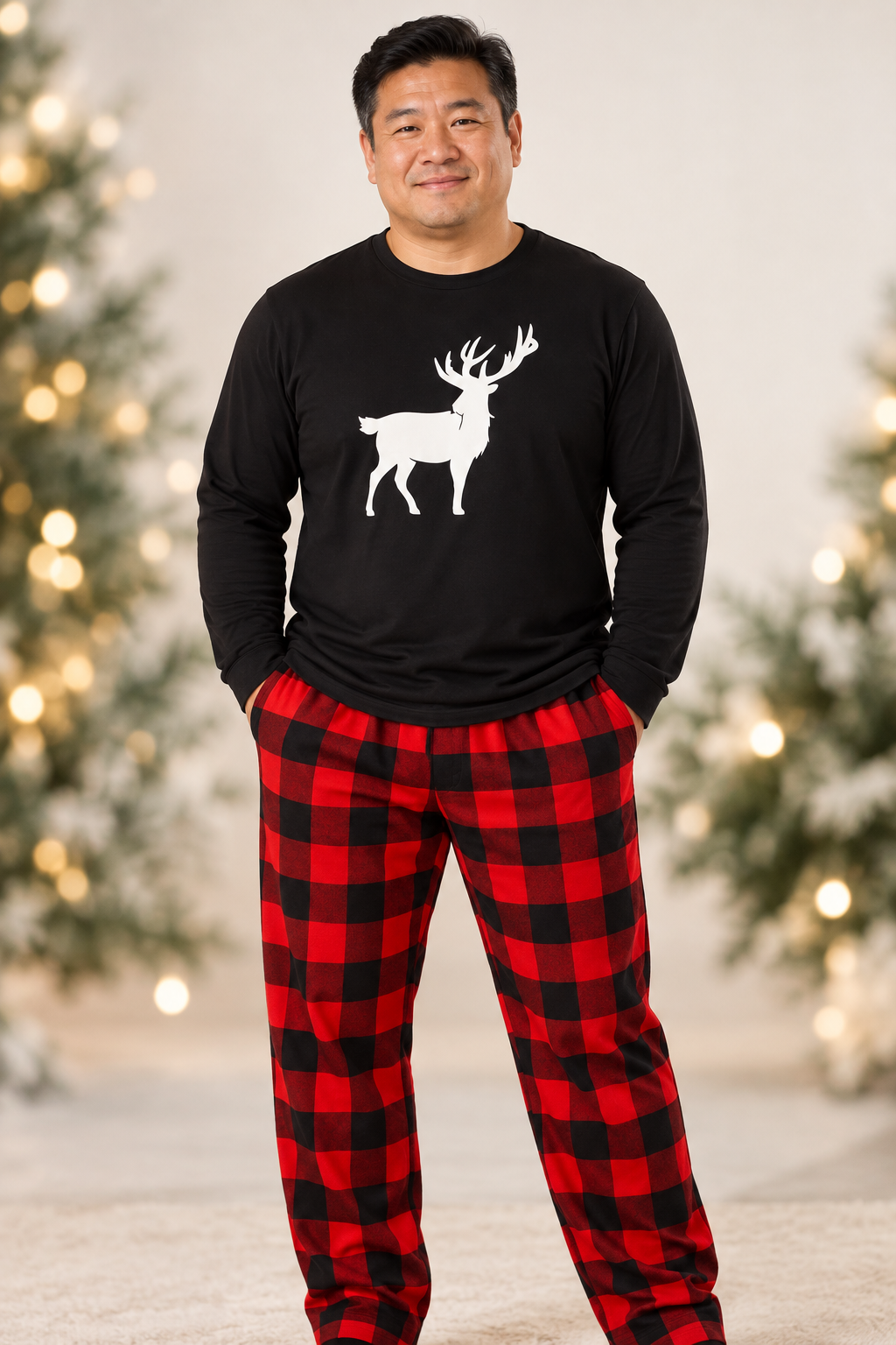 USBD Reindeer family matching Christmas pajama set, black reindeer top with red buffalo plaid pants