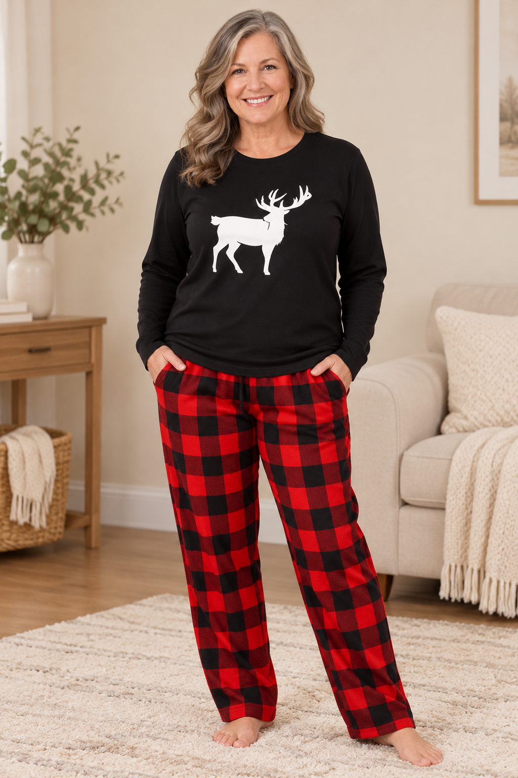 USBD Reindeer family matching Christmas pajama set, black reindeer top with red buffalo plaid pants