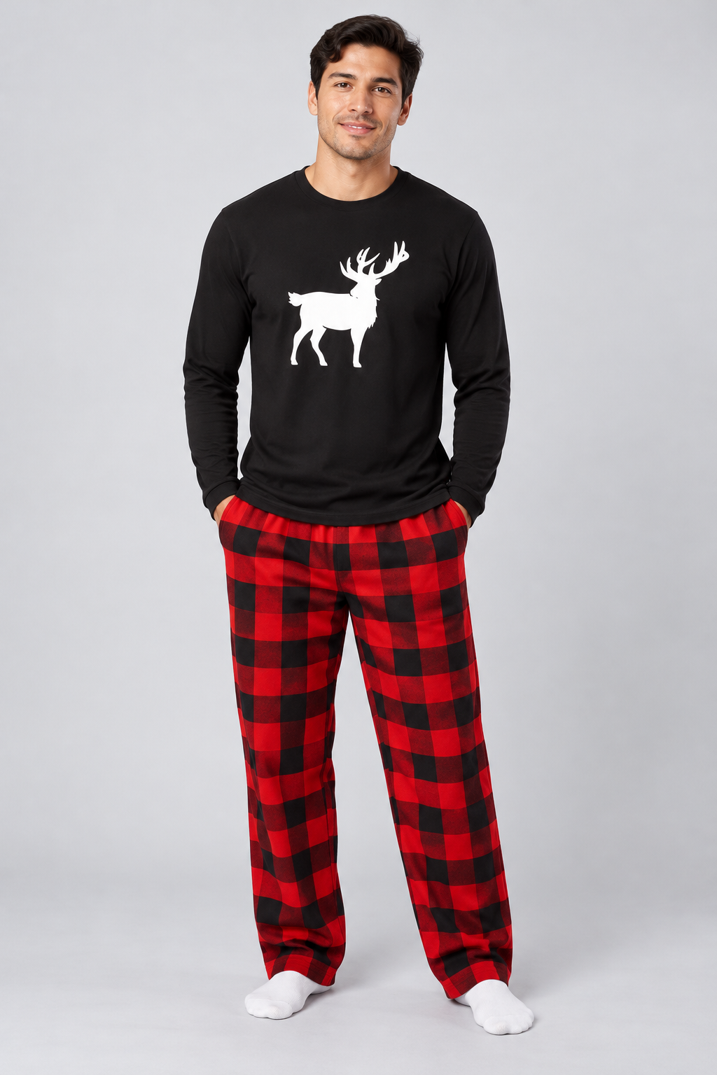 USBD Reindeer family matching Christmas pajama set, black reindeer top with red buffalo plaid pants