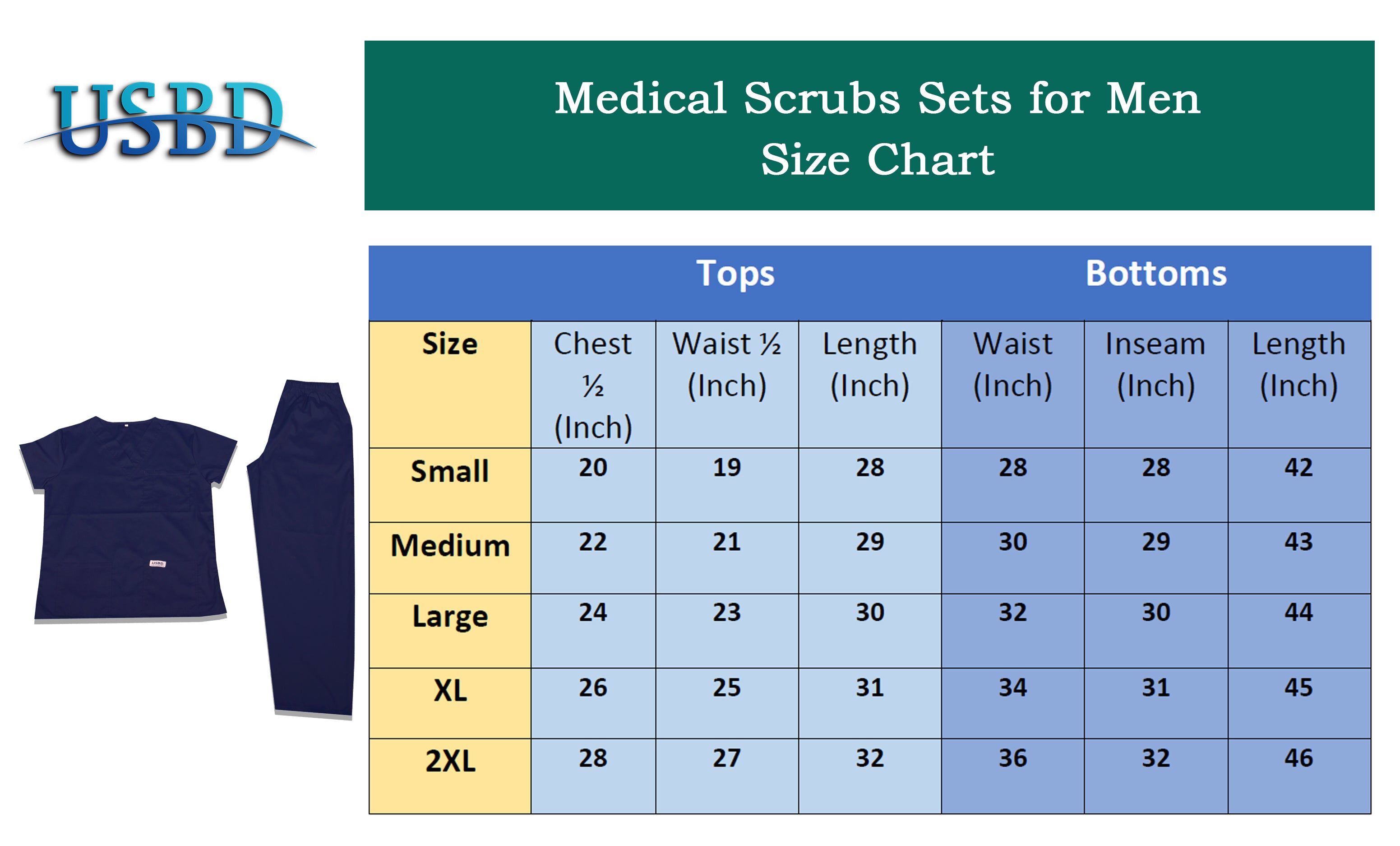 USBD Premium Medical Scrubs Sets for Men Hospital Uniform Dress V-Neck Shirt & Drawstring Pant Set