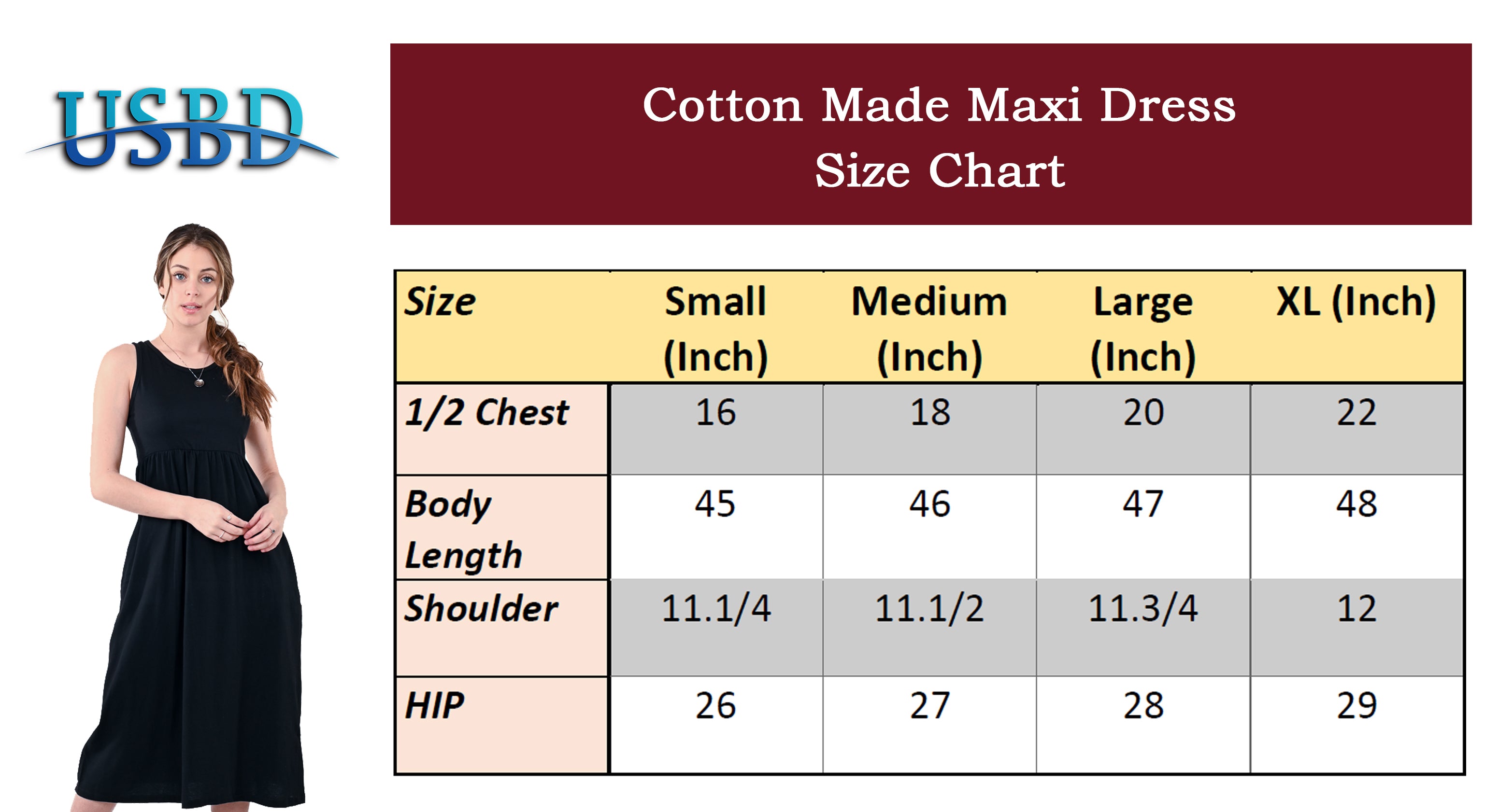 USBD Premium Cotton Made Maxi Dress with Pockets Waisted Casual Long Maxi Dress