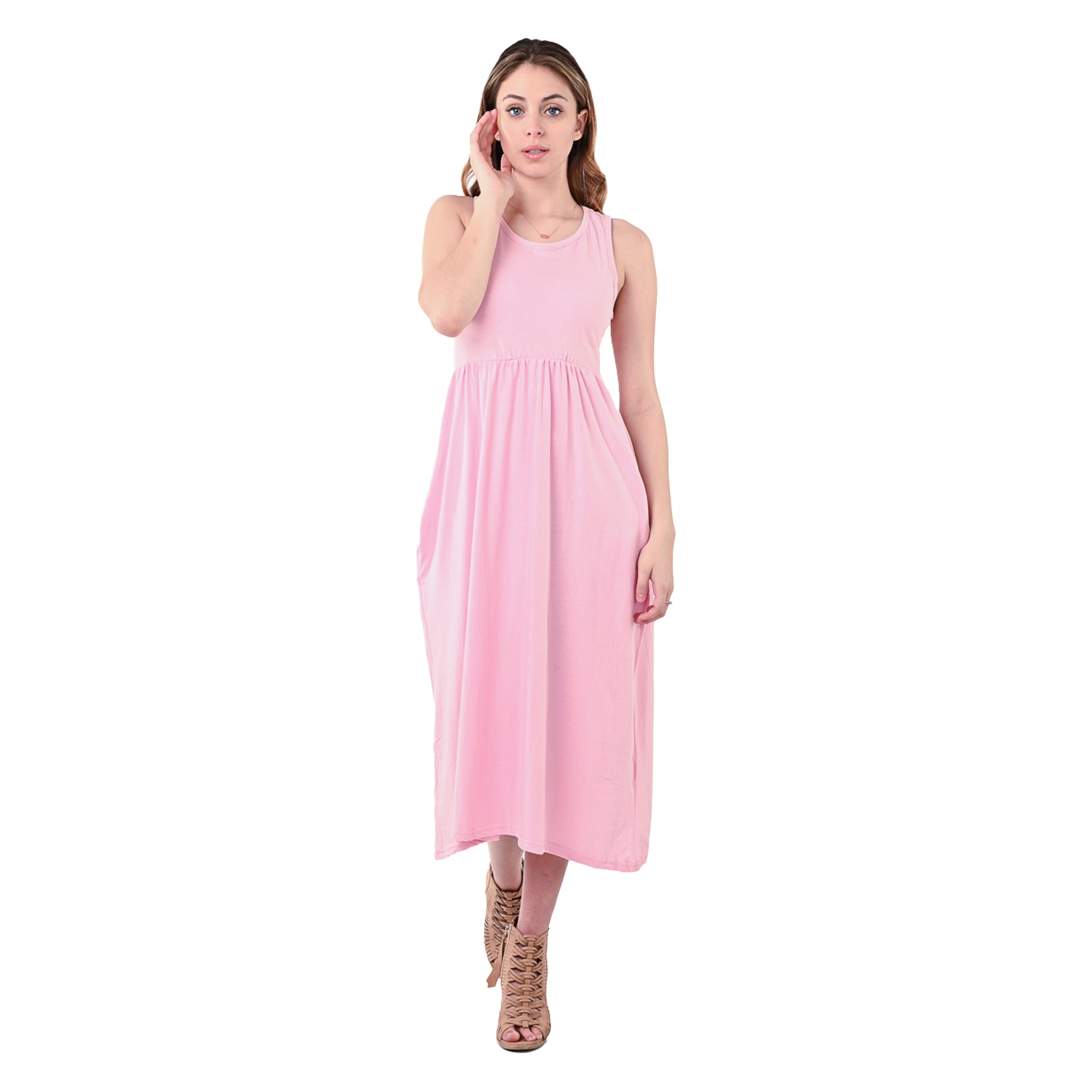 USBD Premium Cotton Made Maxi Dress with Pockets Waisted Casual Long Maxi Dress
