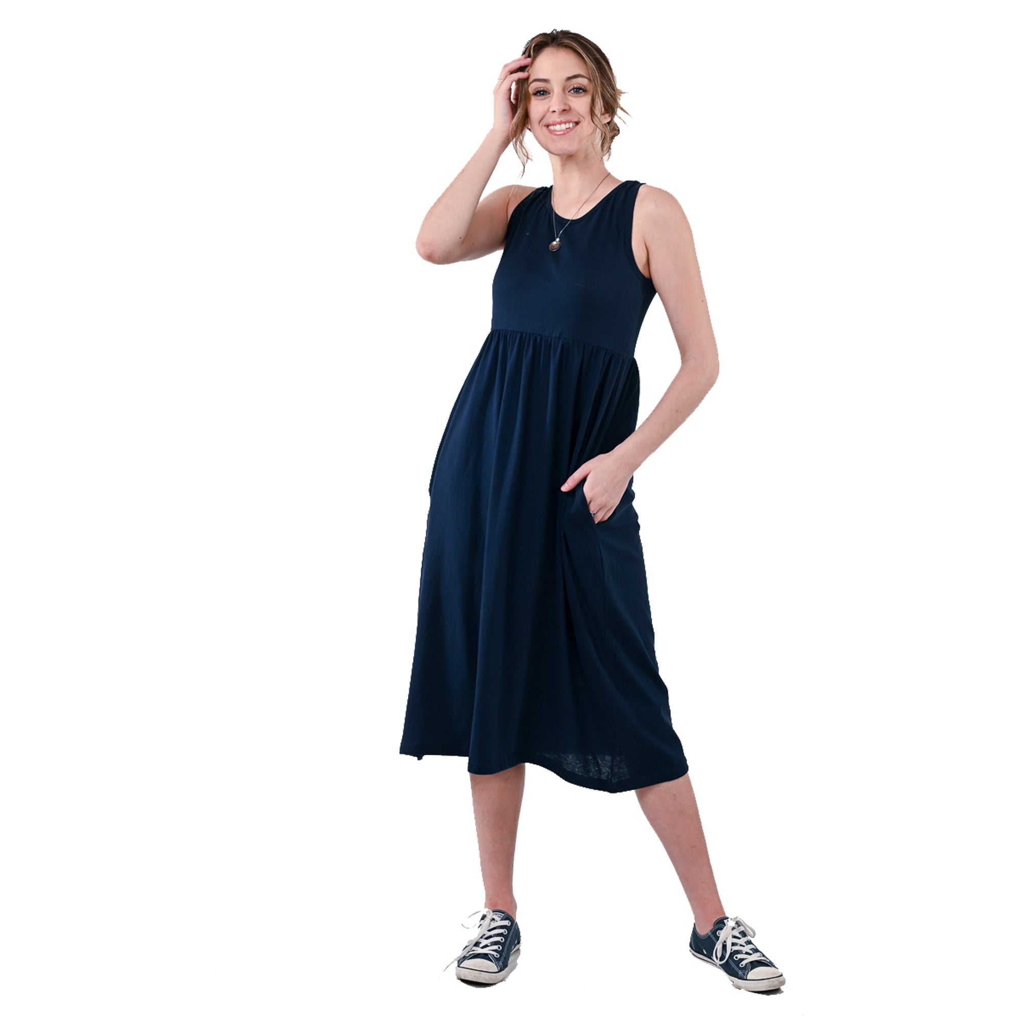 USBD Premium Cotton Made Maxi Dress with Pockets Waisted Casual Long Maxi Dress