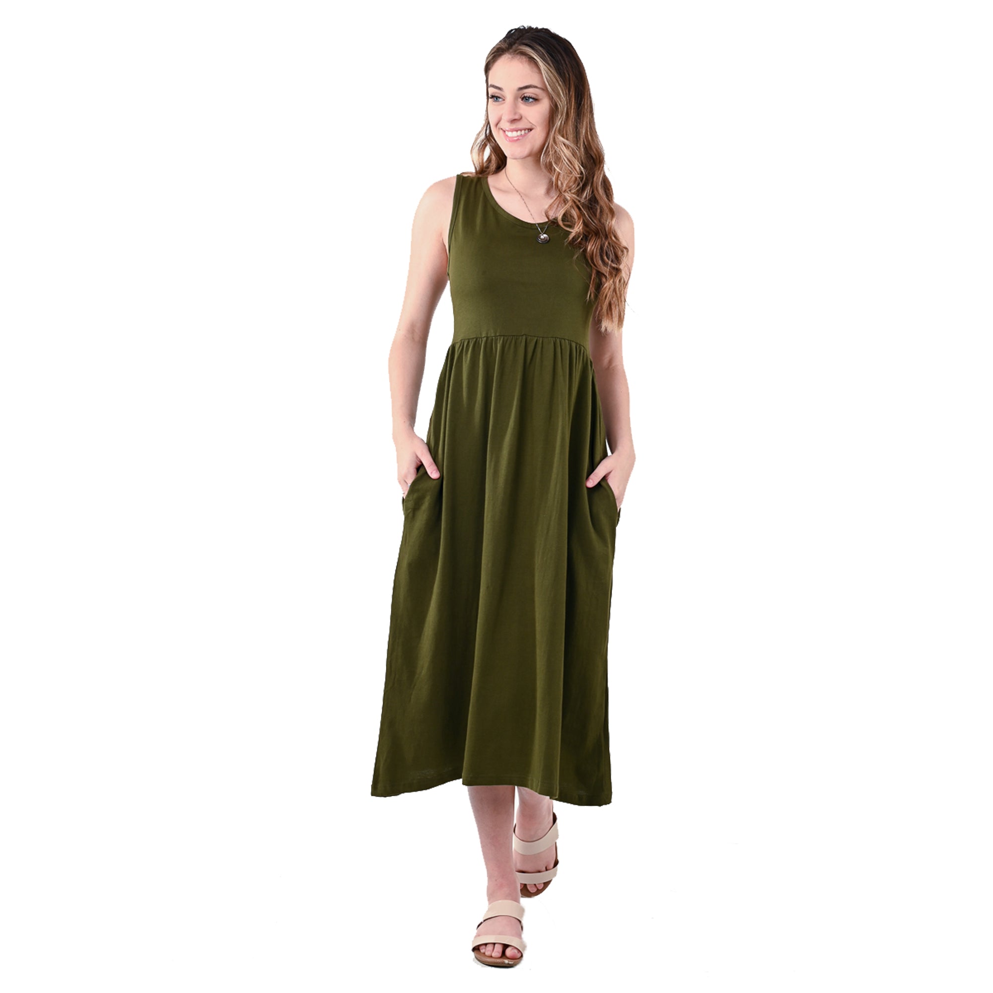USBD Premium Cotton Made Maxi Dress with Pockets Waisted Casual Long Maxi Dress